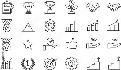 Business growth and success line icon set featuring financial charts profit increase trophies medals first place rewards and strategic partnership symbols