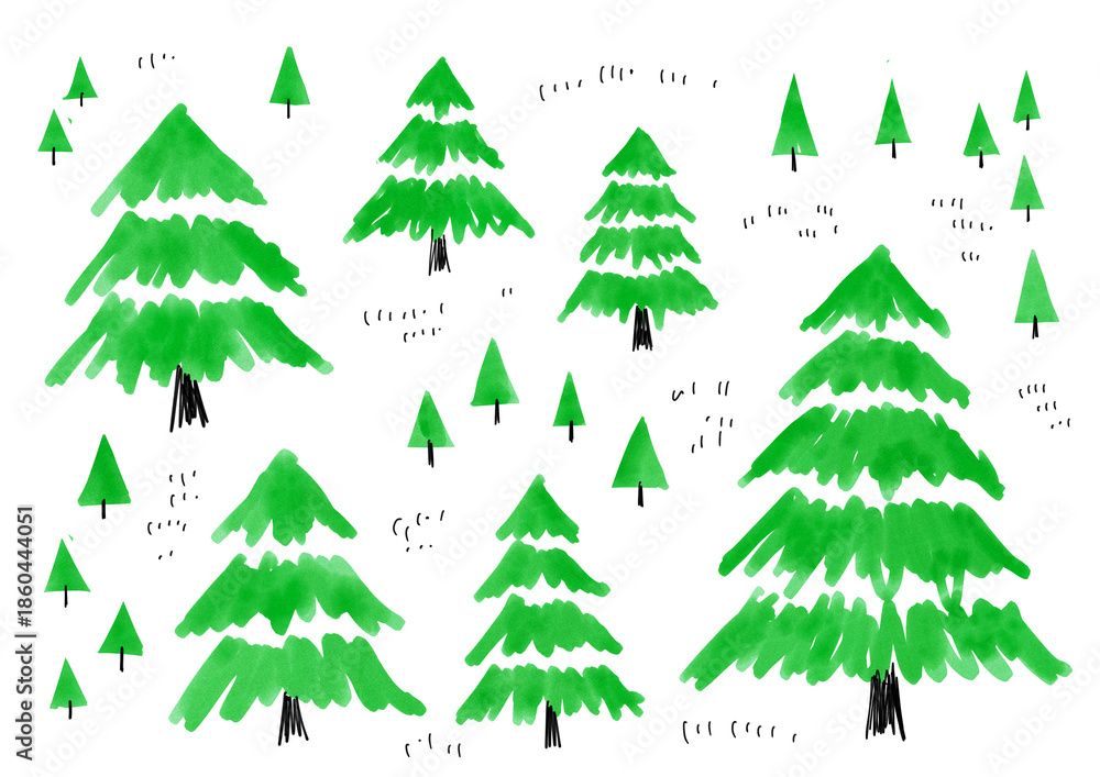 Fototapeta premium Hand drawn watercolor green tree illustration set 手書きの木と森のイラストセット