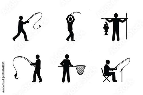 Silhouettes of people fishing various poses and actions depicted in black
