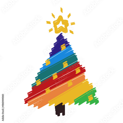 A colorful stylized Christmas tree created with expressive brush strokes and layered rainbow colors.