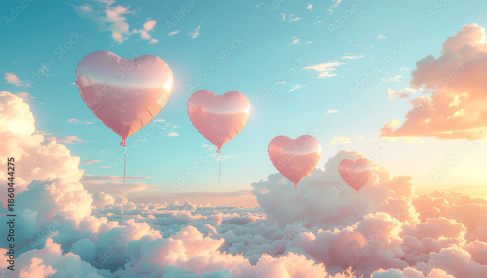 Fototapeta premium Whimsical Heart Balloons Floating in Pastel Sky Valentine Background