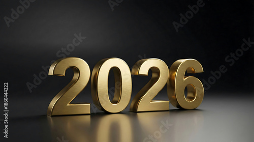 2026 Happy New Year. Golden 3D bold numbers isolated on black background with reflection. Luxury and elegant style for calendar or greeting card.