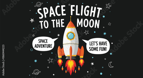 Exciting Space Flight to the Moon with Rocket Adventure and Fun for Kids, Outer Space Exploration Theme.