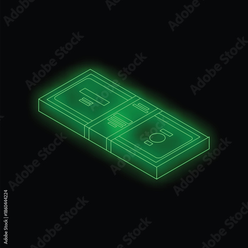 Neon green isometric outline of a stack of banknotes radiating on a black background