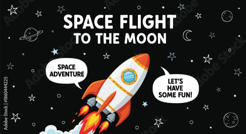 Exciting Space Flight Adventure to the Moon, Blast Off with a Rocket and Discover the Universe - Commercial Use.