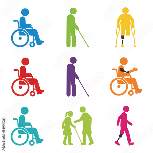 Colorful icons representing diverse people with varying physical disabilities and mobility aids