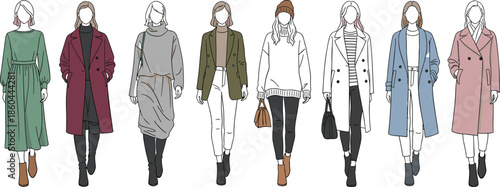 Women fashion illustration collection, modern autumn outfits, stylish coats and casual looks, minimal flat vector design isolated white background