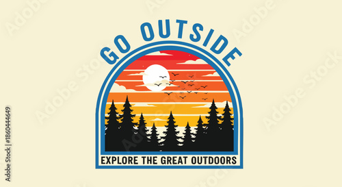 Go Outside Explore the Great Outdoors Vintage Sunset Landscape Patch Graphic.