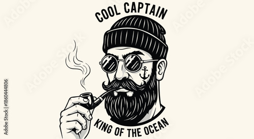 Hipster Sailor With Pipe and Anchor Tattoo - Cool Captain King of the Ocean.