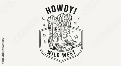 Howdy Wild West Cowboy Boots Emblem with Stars Illustration for Western Style Designs.