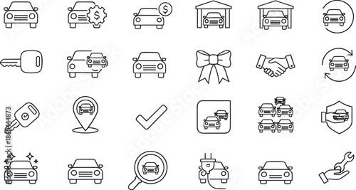 Comprehensive automotive service line icon set featuring car sales rental insurance electric vehicle charging repair tools and garage storage symbols