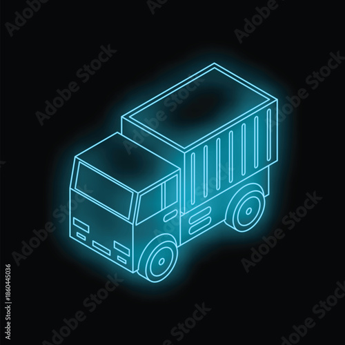 Isometric projection of a commercial transport truck with glowing neon light effect on a black background