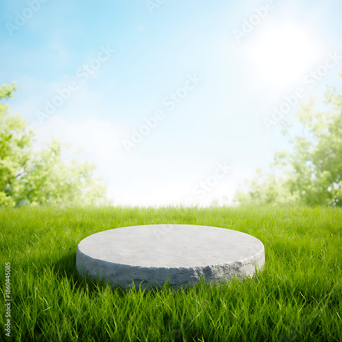Circular Stone Platform in a Lush Green Grass Field with Soft Sunlight and Blurred Summer Trees Background
