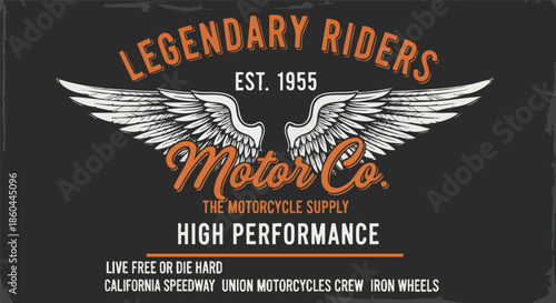 Legendary Riders Motorcycle Company Emblem, Est. 1955, High Performance Wings Design.