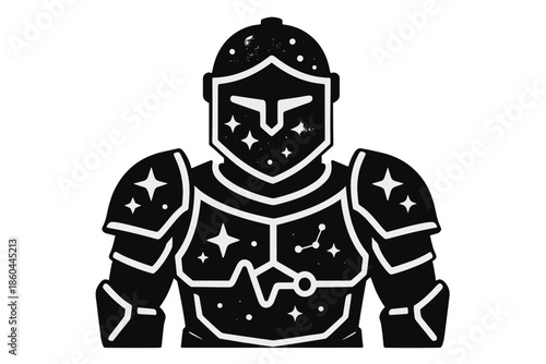 Stellar Knight Armor Icons. Solid style icons of stellar knight armor: nebula patterns, armor plates, pulse markers, star nodes,