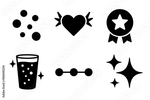 Fizzy Drink Icons. Solid style icons of fizzy drink achievement indicators: effervescent bubbles, pulse marks, milestone icons,