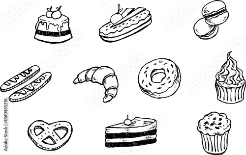 bakery and dessert sketches collection, isolated line art sweets set