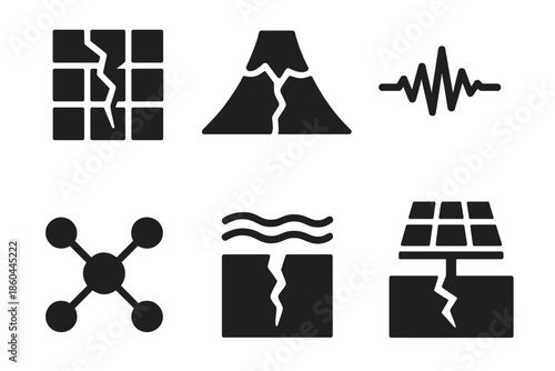 Geothermal Station Icons. Solid style icons of crustal fissure stations: fissure grids, vent outlines, pulse markers, signal nodes