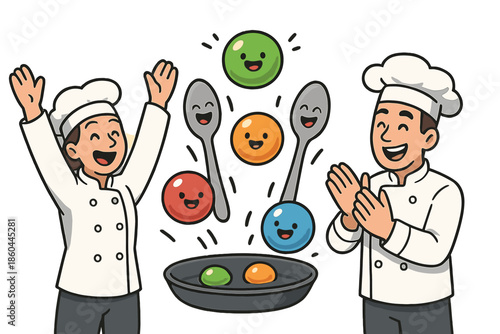 Spherification Celebration. Spherification workshop with colorful liquid orbs bouncing, spoons laughing, and chefs cheering No