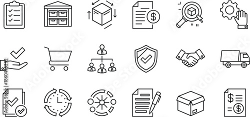 Complete supply chain management and logistics line icons featuring warehouse storage package tracking financial documents delivery trucks and collaborative business partnership symbols