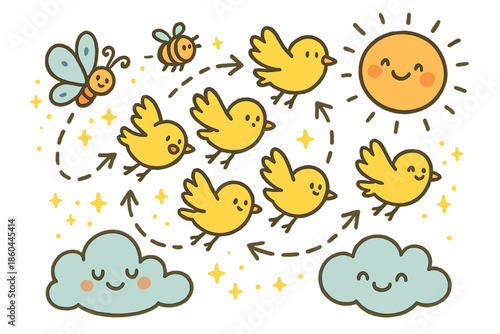 Happy Swirling Creatures. Cheerful doodle collective swarm dynamics with happy birds or insects, cartoon arrows showing