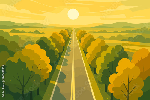 Golden Tree-Lined Road. Scenic aerial view of vector illustration a tree-lined road glowing under golden sunlight, serene and