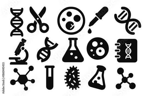 Biotech Icons. Solid style icons of gene editing and biotechnology: DNA strand, CRISPR scissors, petri dish, pipette, microscope,
