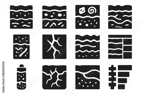 Geological Layer Icons. Solid style icons of Geological layers: soil strata, sediment rocks, fossil layer, volcanic ash, mineral