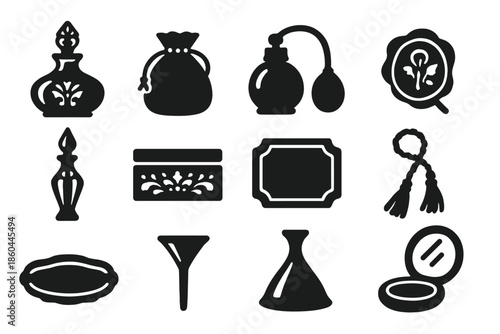 Vintage Perfumery Icons. Solid style icons of Vintage perfumery: ornate glass bottle, carved stopper, velvet pouch, atomizer bulb,
