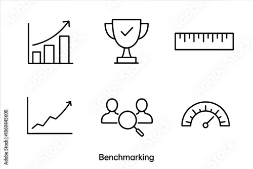 Benchmarking Line Icons. Line style icons of Benchmarking: comparison graph, best practice trophy, standard ruler icon,