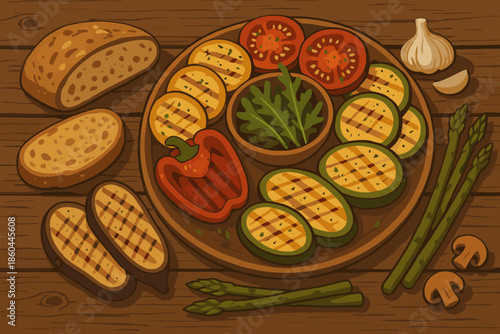 Gourmet Grilled Feast. Rustic wooden table with a gourmet assortment of grilled vegetables and artisan bread, rich natural tones,
