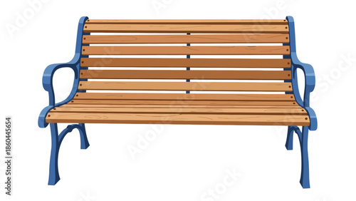 A charming and durable wooden park bench with blue cast iron legs, perfect for outdoor relaxation