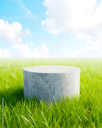 Thick Stone Cylinder Platform Surrounded by Green Grass Under a Bright Summer Sky for Nature-Inspired Mockups