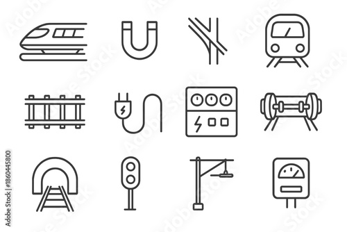 Magnetic Rail Icons. Line style icons of Magnetic Rail: Maglev Train, Electromagnet, Track Layout, Fast Transit; Rail Segment,