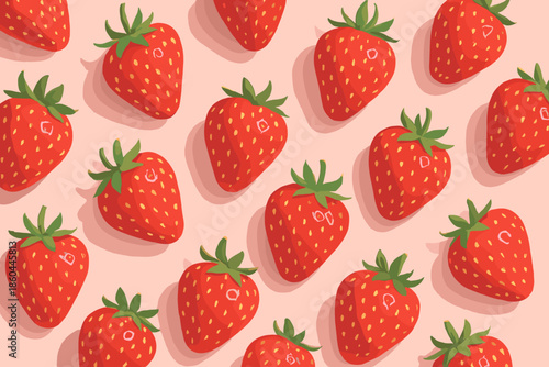 Vibrant Strawberry Delight. Flat lay of vibrant strawberries scattered vector illustration on a pastel pink background, soft
