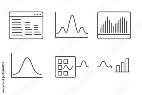 Spectral Analysis Icons. Line style icons of Spectral Analysis Tools: spectrogram window, harmonic peaks chart, real-time analyzer