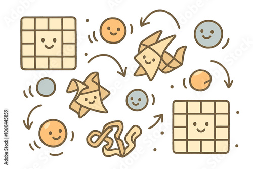 Cheerful Molecular Animation. Adorable doodle molecular simulation with happy grids, bouncing cartoon spheres, proteins folding