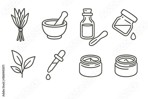 Botanical Remedy Icons. Line style icons of Botanical Remedy: Medicinal Herb, Folk Medicine, Preparation Tools, Ancient Potion;