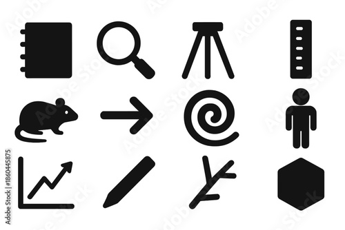 Science Tools Icons. Solid style icons of observational and experimental tools: notebook, magnifying glass, tripod, ruler, animal