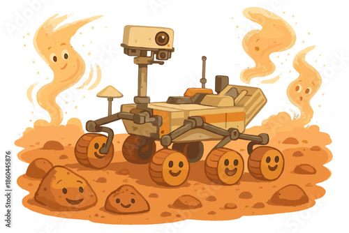 Mars Rover Exploration. Mars rover adventure with cheerful wheels, rocks smiling with secrets, and curious Martian dust devils
