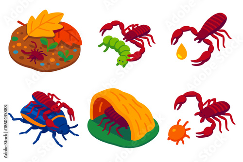 Pseudoscorpion Ecosystem Icons. Isometric vector illustration set Pseudoscorpions: leaf litter ecosystem, pseudoscorpion hunting,