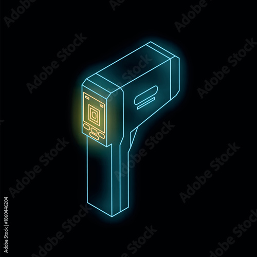 Digital infrared non contact thermometer showing high temperature reading in neon light, isometric view