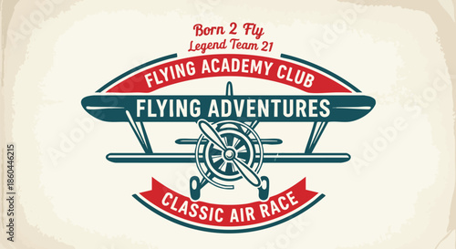 Retro Aviation Emblem with Biplane for Flying Academy Club and Air Race Events.