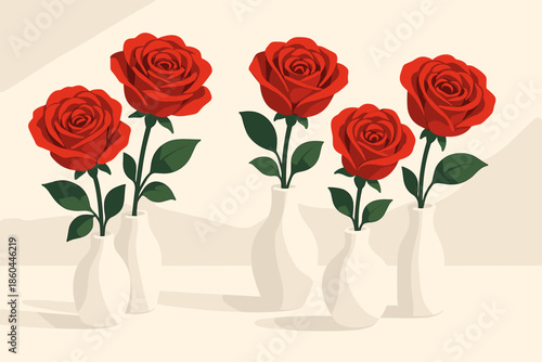 Minimalist Red Roses. Vibrant red roses in minimalist white vases placed on a clean white surface, soft natural lighting, perfect