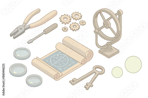 Celestial Gear Icons. Isometric vector illustration set Celestial Gear Atelier: metal tools for starmap repair, micro gears,