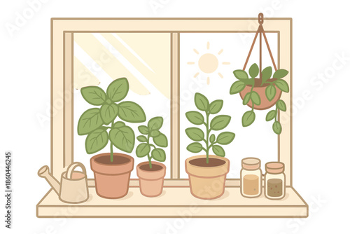 Kitchen Herb Window. Isometric vector illustration set Kitchen Herb Window: wide window frame, potted basil and mint, small