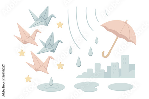 Origami Rainfall Scene. Isometric vector illustration set Origami Rainfall: cranes descending slowly, tiny folded stars, paper