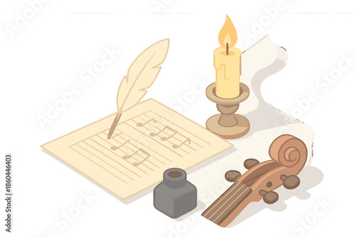 Nightlight Composer's Desk. Isometric vector illustration set Nightlight Composer Desk: quill and paper with melody lines, candle