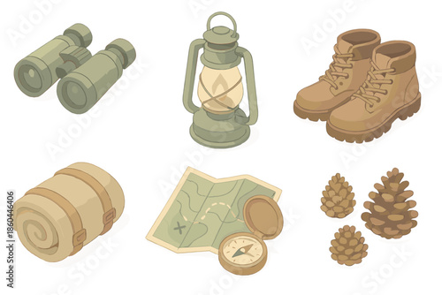 Forest Exploration Tools. Isometric vector illustration set of Forest Exploration Tools: binoculars, vintage lantern, leather