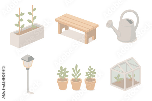 Urban Rooftop Garden. Isometric vector illustration set of Urban Rooftop Garden: concrete planters with vines, wooden bench,